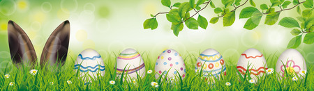 Hare ears with easter eggs in the grass on the bokeh background. Eps 10 vector file.のイラスト素材