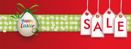 Hanging price stickers with text Sale and easter egg on the red striped background. Eps 10 vector file.のイラスト素材