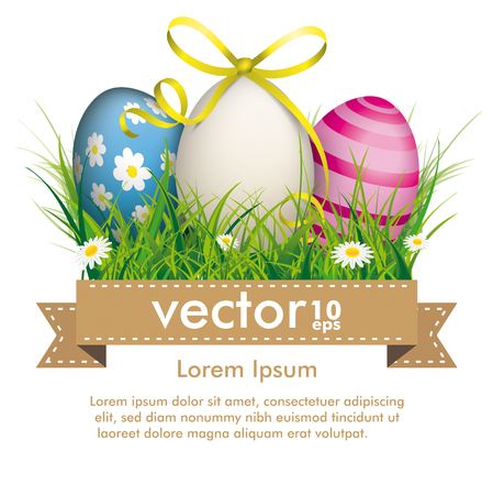 Green grass with colored easter eggs and brown ribbon on the white. Eps 10 vector file.のイラスト素材