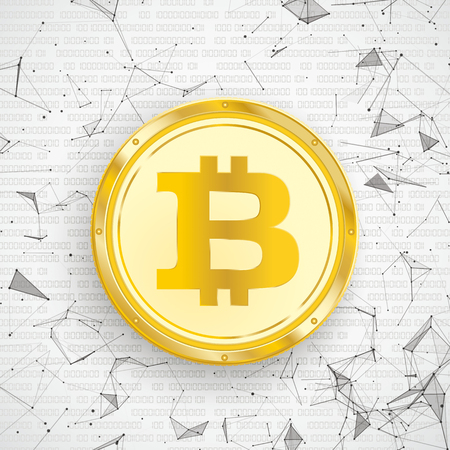 Abstract background with golden bitcoin, connected dots and data. Eps 10 vector file.のイラスト素材