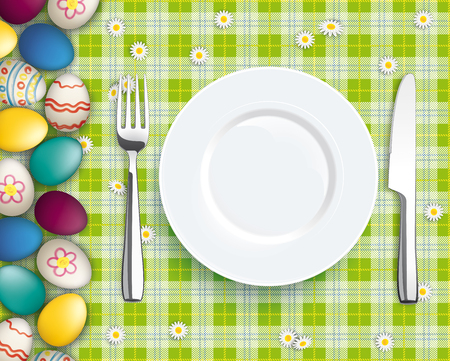 Green picnic blanket with silvery and easter eggs. Eps 10 vector file.のイラスト素材