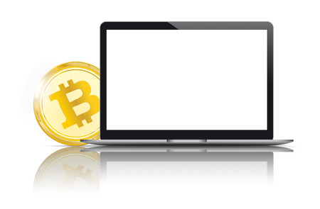 Black notebook with golden bitcoin and shadows on the white background.のイラスト素材