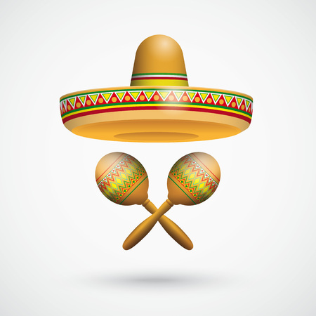 Mexican sombrero with maracas and shadow on the gray background. Eps 10 vector file.のイラスト素材