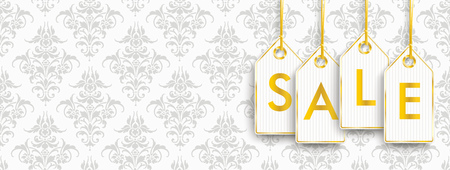 Header with golden price stickers on the black background with ornaments. Eps 10 vector file.のイラスト素材