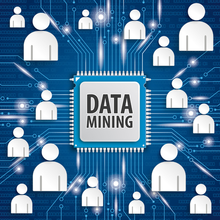 Microchip processor with text Data Mining and humans on the blue background. Eps 10 vector file.のイラスト素材