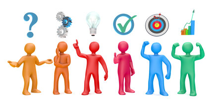 Headline with colored manikins with symbols on the white. 3d illustration.