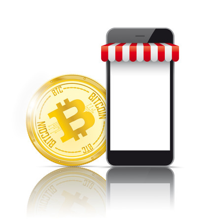 Black smartphone with golden bitcoin and red awning on the white background.のイラスト素材