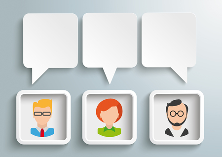 Infograph with 3 speech balloons, 3 frames and humans on the gray background. Eps 10 vector file.のイラスト素材