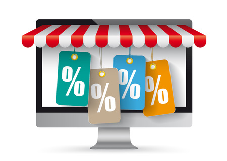 Monitor with red marquee price stickers and percents. Eps 10 vector file.のイラスト素材