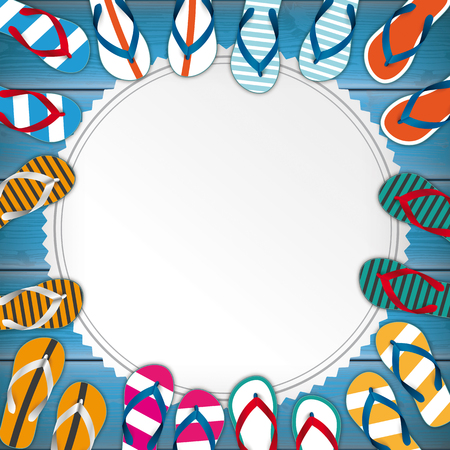 Flip-flops with white emblem on the blue wooden background.  Eps 10 vector file.のイラスト素材