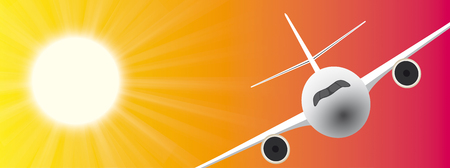 Summer sky with sun, sun beam and flying jet. Eps 10 vector file.のイラスト素材