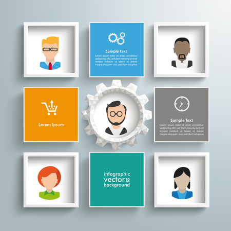 Infographic design with squares and gear wheel on the gray background. Eps 10 vector file.のイラスト素材