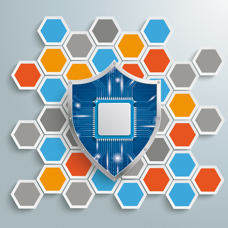 Infographic with honeycomb structure and blue protection shield on the gray background. Eps 10 vector file.のイラスト素材