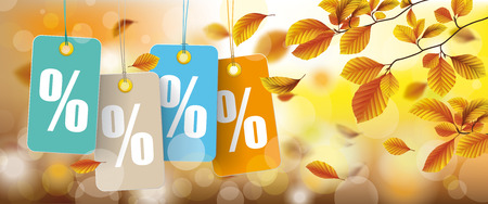 Autumn price stickers header with bokeh and beech foliage. Eps 10 vector file.のイラスト素材