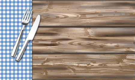 Blue checked picnic blanket with wooden table with fork and knife. Eps 10 vector file.のイラスト素材