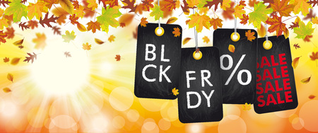 Autumn foliage with black friday price stickers, sunlights and bokeh.  Eps 10 vector file.のイラスト素材