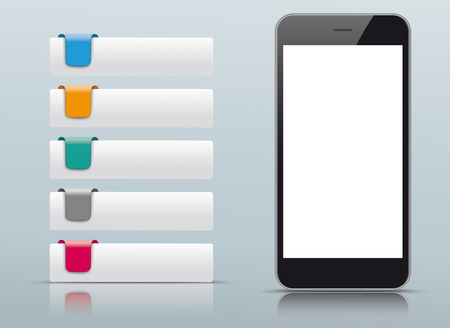 Colored rectangle paper tabs with 5 options and black smartphone on the gray background. Eps 10 vector file.のイラスト素材