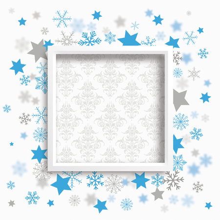 Christmas stars with white frame on the wallpaper with ornaments. Eps 10 vector file.のイラスト素材
