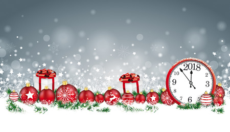 Christmas header with clock, baubles, gifts and twigs in the snow. Eps 10 vector file.のイラスト素材