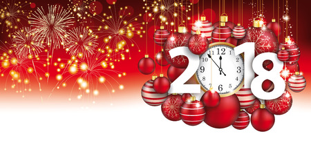 Red christmas card with hanging red baubles, fireworks, clock and date 2018. Eps 10 vector file.のイラスト素材