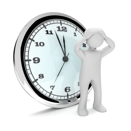 White desperate manikin with big clock on the white. 3d illustration. 
