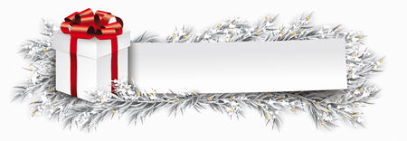 Paper banner with gift box and frozen twigs with glitter and snow.のイラスト素材
