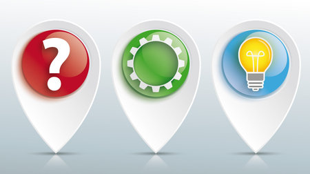 Pointer with question mark, gear wheel and idea bulb on the gray mirror background. vector file.のイラスト素材