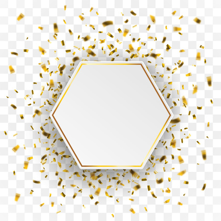 Golden confetti with paper hexagon on the checked background. Eps 10 vector file.のイラスト素材