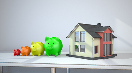 House building with piggy banks on the table in a room. 3d illustration. の写真素材