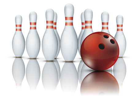 Bowling pins and bowling ball on the mirror background. Eps 10 vector file. のイラスト素材