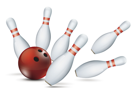 Bowling pins and red ball on the white background. Eps 10 vector file.のイラスト素材