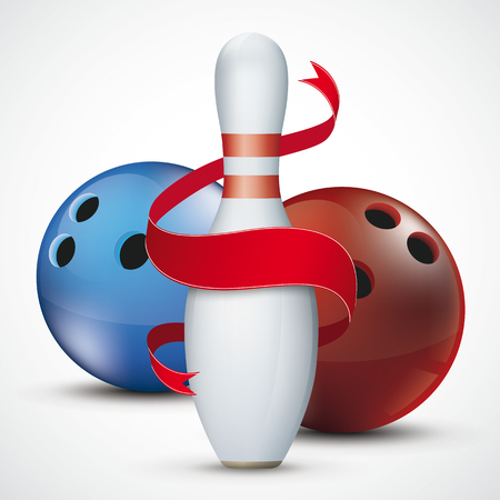 Bowling pin with red ribbon and 2 balls on the white background. Eps 10 vector file.のイラスト素材