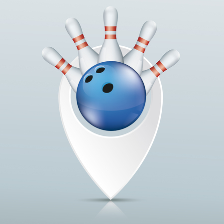 Pointer with blue bowling ball and pins gray mirror background.のイラスト素材