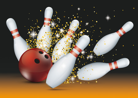 Bowling pins and red ball with golden glitter sand.のイラスト素材