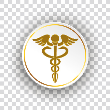 Golden paper circle with white aesculapian staff on the checked background.のイラスト素材