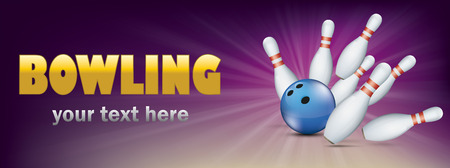 Purple bowling banner with blue ball and white pins. Eps 10 vector file.のイラスト素材