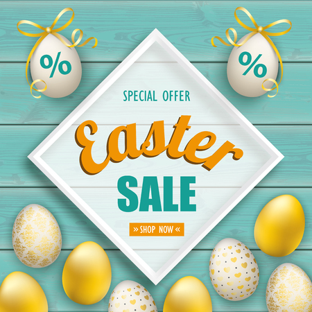 Turquoise wooden background with golden easter eggs and white frame for the Easter Sale.のイラスト素材