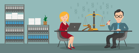 Consulting in a office with a woman with notebook and a businessman. Eps 10 vector file.のイラスト素材