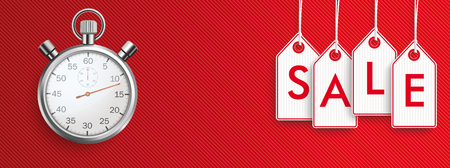 Stopwatch and hanging price stickers with text Sale on the red striped background. Eps 10 vector file.のイラスト素材