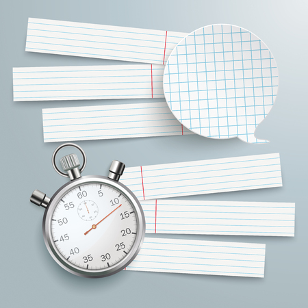 Speech bubble with stopwatch and paper stripes on the gray background. Eps 10 vector file.のイラスト素材