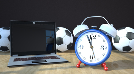 Notebook with footballs and alarmer in russian colors on the wooden table. 3d illustration.の写真素材