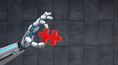 The hand of the robot with a red puzzle piece. 3d illustration.の写真素材