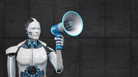A white robot with a blue megaphone. 3d illustration.の写真素材