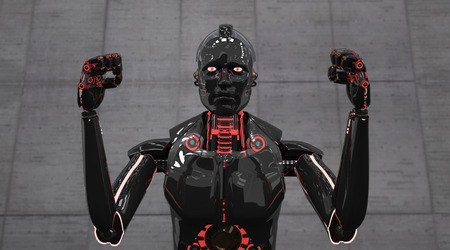 An aggressive, black robot in a fighting position. 3d illustration.の写真素材