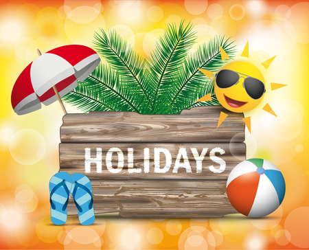 Wooden board on the beach with the text Holidays.  Eps 10 vector file.のイラスト素材