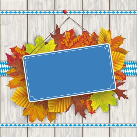 Blue empty sign board with autumn foliage. Eps 10 vector file.のイラスト素材