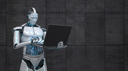 A robot works with a notebook. 3d illustration.の写真素材
