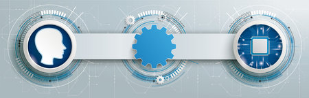 Futuristic gear wheel with human, microchip and electronic schematicon with banner on the gray...