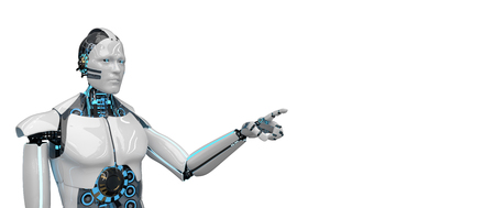 White robot clicks on the white display. 3d illustration.の写真素材