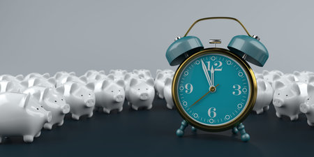White piggy banks with an alarmer on the dark table. 3d illustration.
